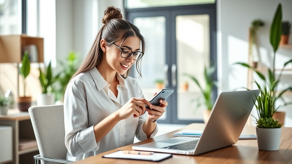 Woman in modern home office checking health app on smartphone and laptop, bright natural lighting, wellness-focused environment, relaxed professional attire