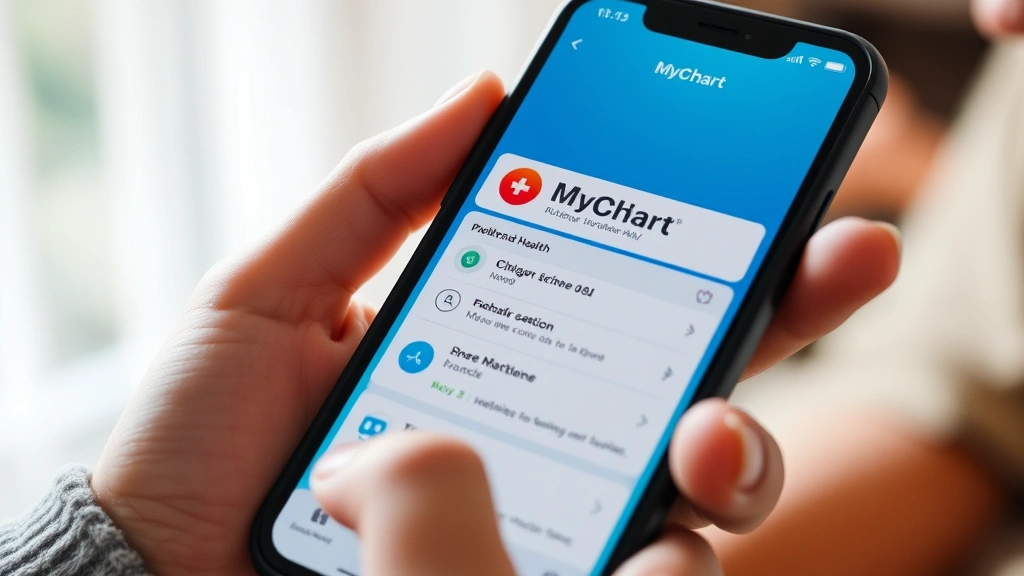 Close-up of smartphone showing MyChart health app interface, person's hand holding device, soft natural light, cozy home setting, digital wellness management