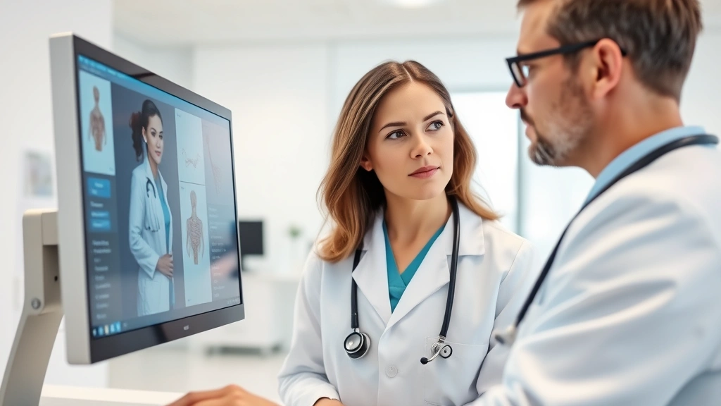 Healthcare provider in white coat reviewing patient information on computer screen in bright clinic office, focused expression, stethoscope visible, contemporary medical setting