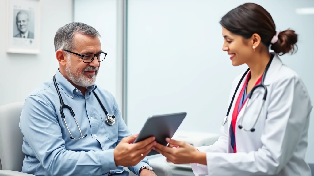 Middle-aged man at doctor's appointment viewing digital health records on tablet with healthcare provider in medical office, modern clinical setting, friendly interaction