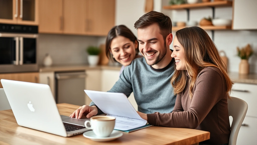 Young couple reviewing health records together on laptop at kitchen table with coffee, smiling, organized home environment, healthcare partnership