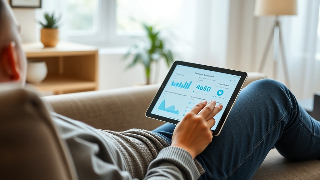 Person relaxing on couch reviewing health data on tablet, medical charts visible on screen, peaceful home environment, wellness tracking, modern healthcare technology