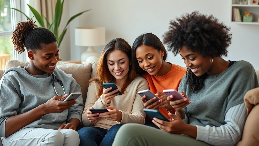 Young diverse group of people using smartphones in comfortable home settings reviewing health information and messaging with doctors, natural daylight, relaxed atmosphere