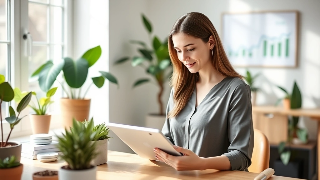 Professional woman reviewing health metrics on modern tablet in bright, minimalist home office with plants, natural lighting, wellness-focused atmosphere, contemporary digital health interface visible