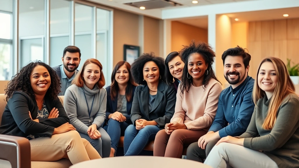 Diverse group of people in modern clinic waiting area smiling, relaxed body language, contemporary healthcare setting with warm lighting, technology integration visible, inclusive wellness community