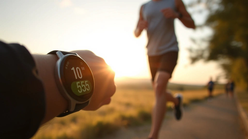 Close-up of smartwatch displaying health data with person jogging outdoors at sunset, natural landscape background, active lifestyle, wellness tracking technology, peaceful outdoor exercise environment