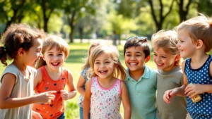 Diverse group of smiling children playing together outdoors in sunny park setting, laughing and engaging in active games, natural lighting, lifestyle photography