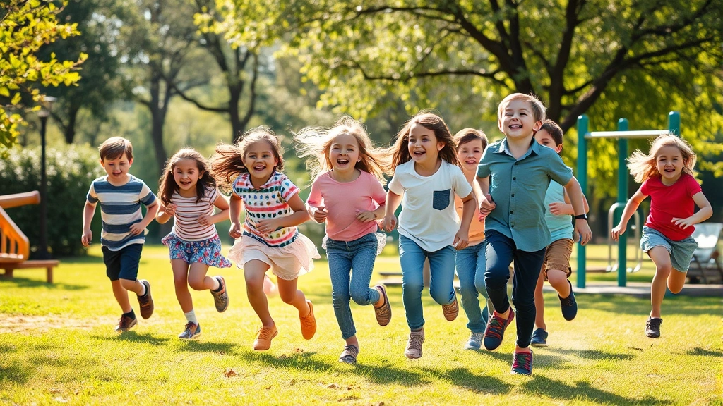 Diverse group of happy children playing together outdoors in a sunny park, laughing and running freely, with natural greenery and playground equipment visible in soft afternoon light