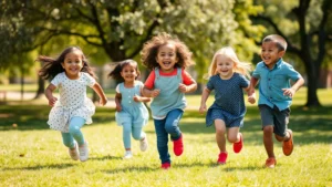 Happy multiracial children playing outdoors in sunny park, laughing while running on grass with trees in background, natural daylight, joyful childhood movement and activity