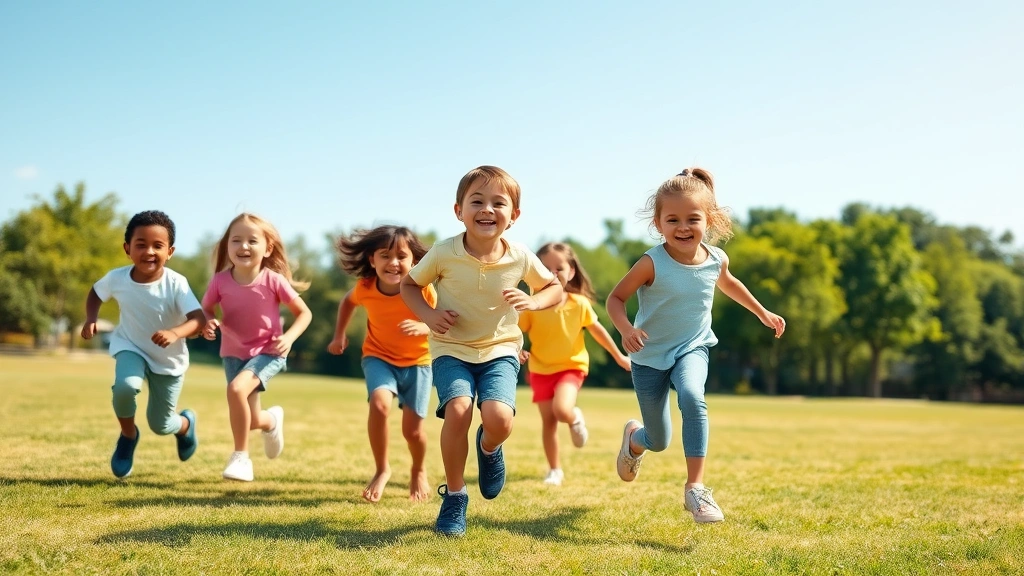 Active diverse children playing outdoors in sunny park, laughing and running freely, natural movement, genuine joy, vibrant green grass and blue sky background, lifestyle photography