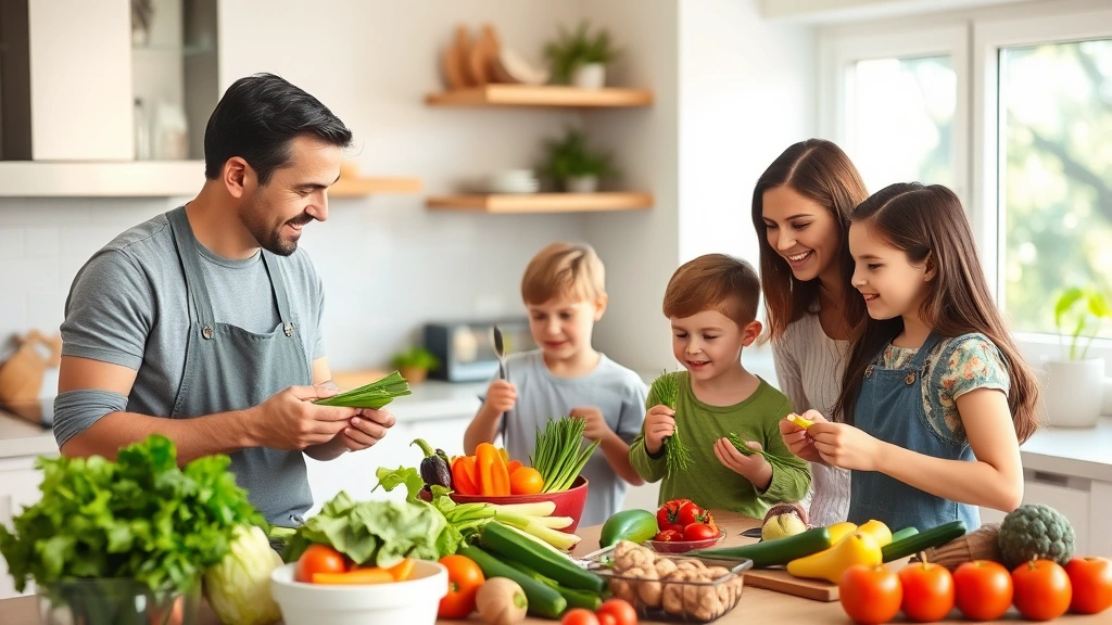 Family of four enjoying fresh vegetables in modern kitchen, parents and children smiling while preparing healthy meal together, natural daylight through windows