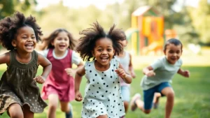 Happy diverse children playing outdoors in park, laughing and running, natural sunlight, green grass, playground equipment blurred background, vibrant healthy childhood scene