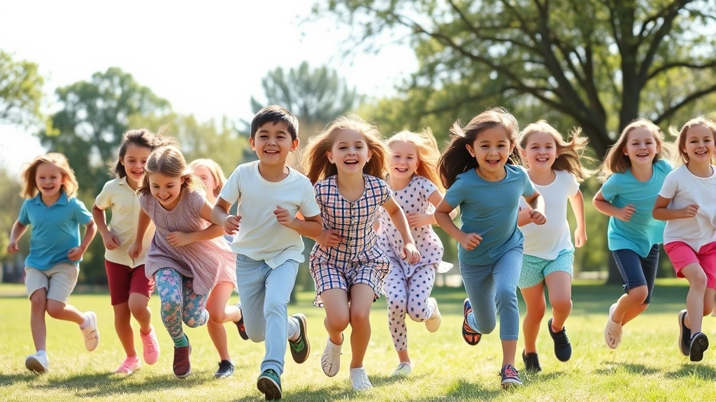 Diverse group of happy children playing outdoors in a sunny park, laughing and running together, natural lighting, joyful energy, healthy activity