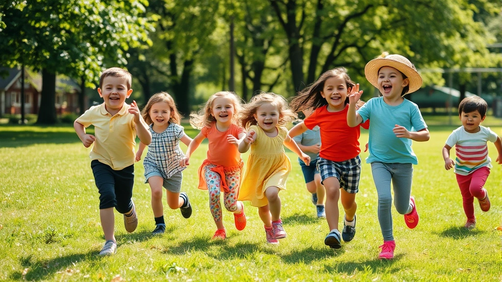 Diverse children playing outdoors in sunny park, laughing and running freely, green grass and trees, joyful natural movement, healthy active childhood lifestyle