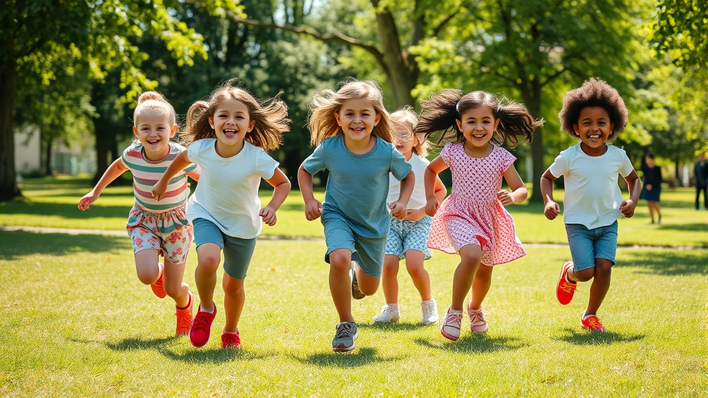 Happy multiethnic children playing together outdoors in sunny park, laughing and running on grass, natural daylight, genuine joy and healthy movement