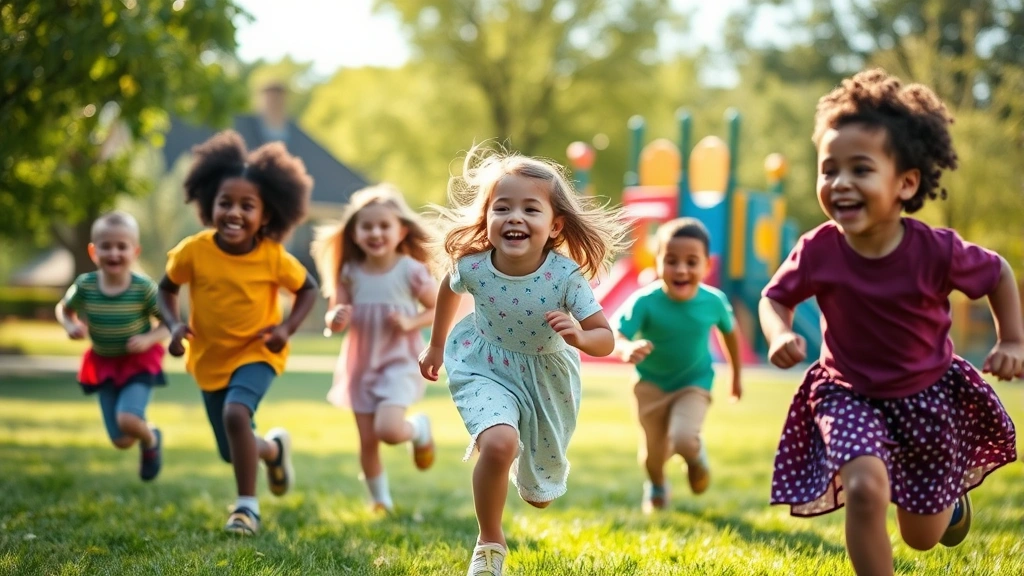 Happy diverse children playing outdoors in sunny park, laughing while running on grass, colorful playground equipment in soft-focus background, warm natural lighting, joyful active lifestyle