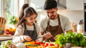 Parent and child in modern kitchen preparing colorful vegetables together, bright natural lighting, warm family atmosphere, healthy food preparation scene