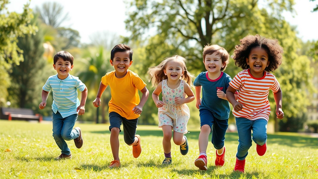 Happy multiethnic children playing outdoors in sunny park, laughing and running together on green grass, candid lifestyle photograph