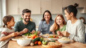 Family of four having healthy dinner together in bright modern kitchen, fresh vegetables and whole grains on table, warm natural lighting, genuine smiling faces