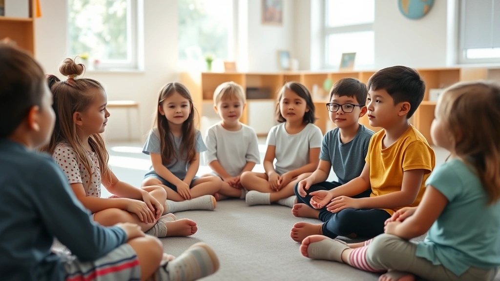 Children sitting together in a circle during a mindfulness or emotional wellness session in a bright, modern classroom with natural light streaming through windows, showing engaged and peaceful expressions