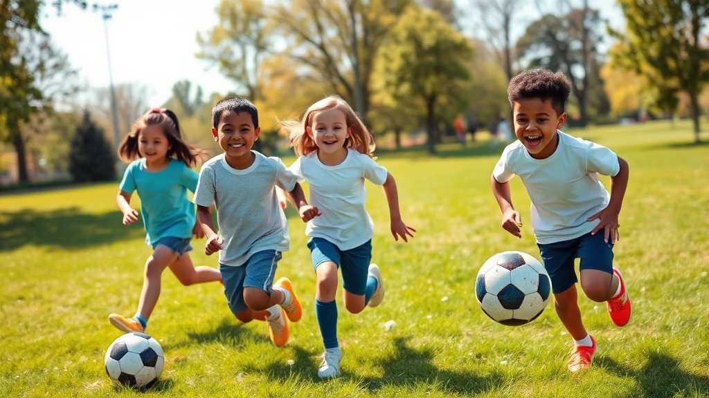 Happy multiracial children playing soccer outdoors in sunny park, laughing and running with energy, vibrant green grass, natural daylight, candid lifestyle photography