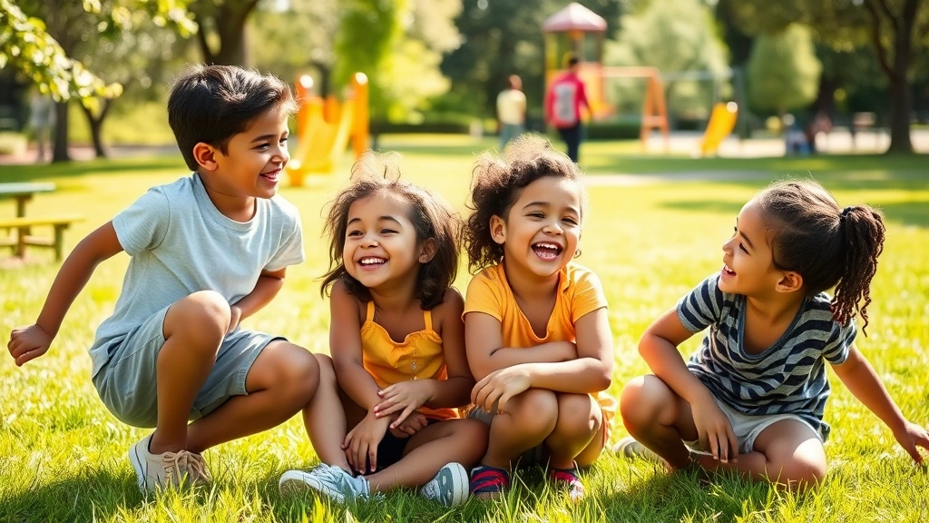 Happy diverse children playing outdoors in a sunny park, laughing together on grass with playground equipment visible in background, natural lighting, candid lifestyle moment