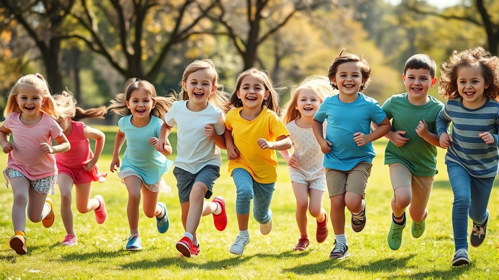 Diverse group of healthy children laughing and playing together outdoors in a sunny park, running and smiling with natural joy and vitality