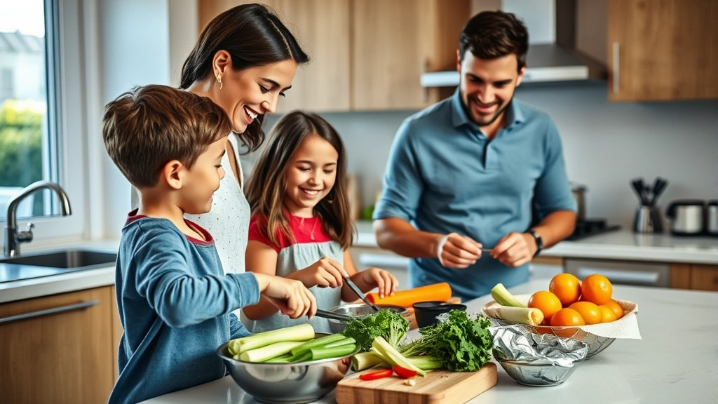 Happy family cooking together in modern kitchen, children helping prepare fresh vegetables and healthy meal, warm natural light, candid moment
