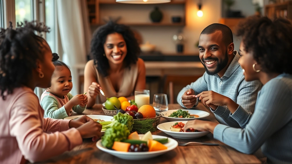 Diverse family sitting together at dinner table sharing healthy meal with fresh vegetables and fruits, warm home lighting, parents and children smiling during mealtime connection
