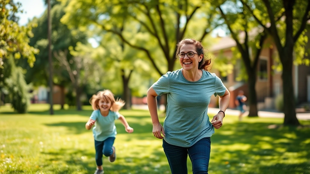 Parent and child playing outdoors in green park, running and laughing in sunshine, diverse neighborhood setting with trees and open space visible