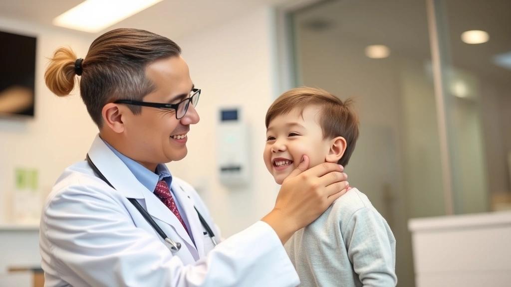 Pediatrician examining smiling young child during wellness visit, modern clinic setting, caring interaction, preventive healthcare moment, warm lighting