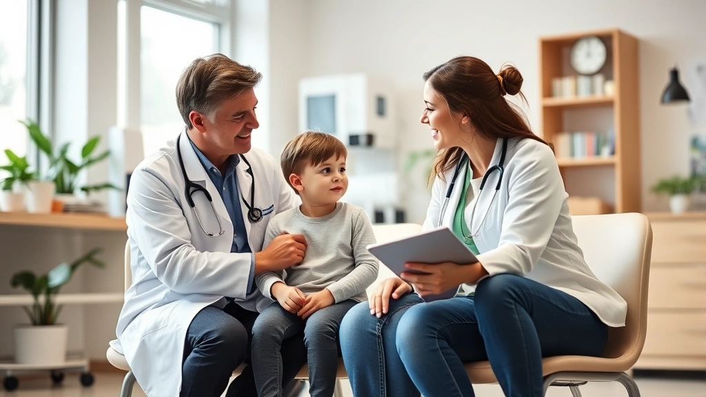 Parent and child sitting together in bright pediatrician office, doctor consulting with family, warm supportive healthcare interaction, modern medical environment, trust and care