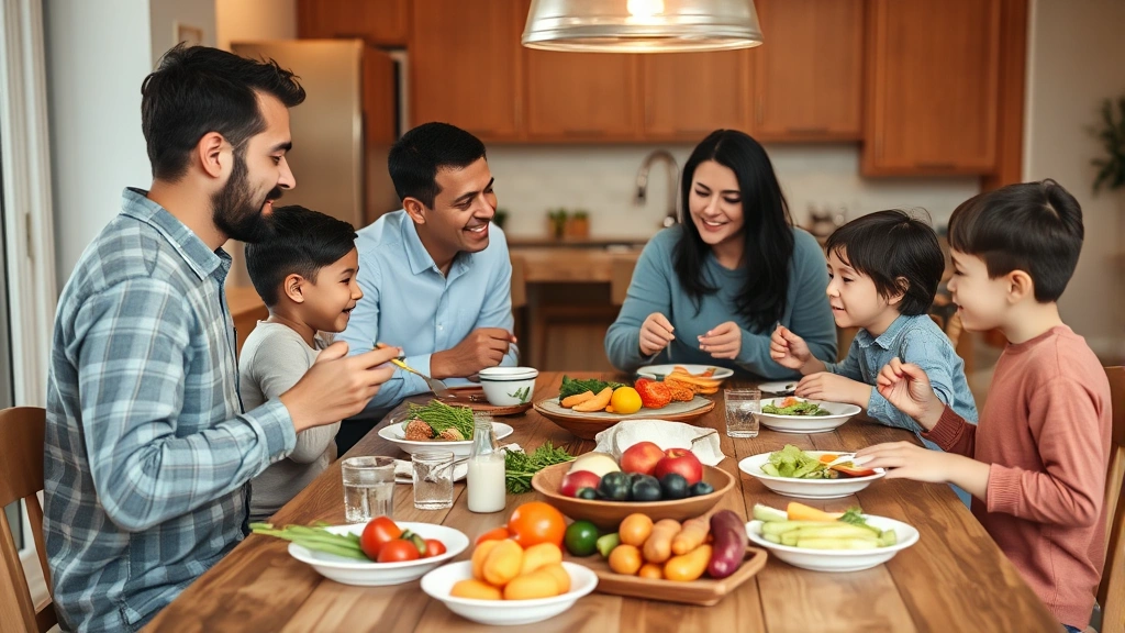 Modern family eating nutritious meal together at wooden table, fresh vegetables and fruits visible, warm home lighting, genuine connection and healthy eating habits