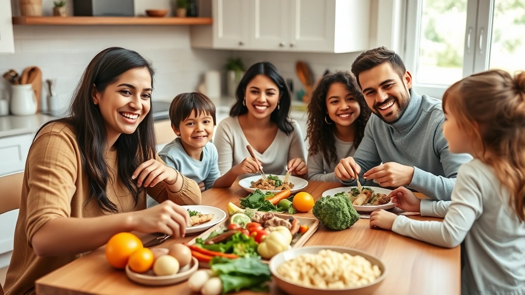 Family sitting together at dining table sharing healthy meal with fresh vegetables, fruits, whole grains, warm home kitchen atmosphere, genuine smiles, natural window lighting, connection moment