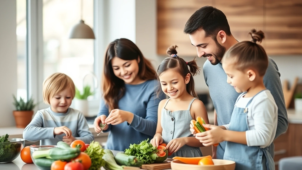 Modern mother and father cooking healthy meal with two smiling children in bright kitchen, preparing fresh vegetables together naturally