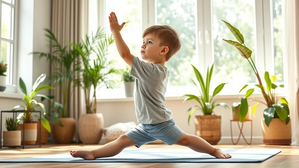 Child doing yoga or stretching in peaceful living room with plants, natural sunlight through windows, calm focused expression, wellness and mindfulness theme