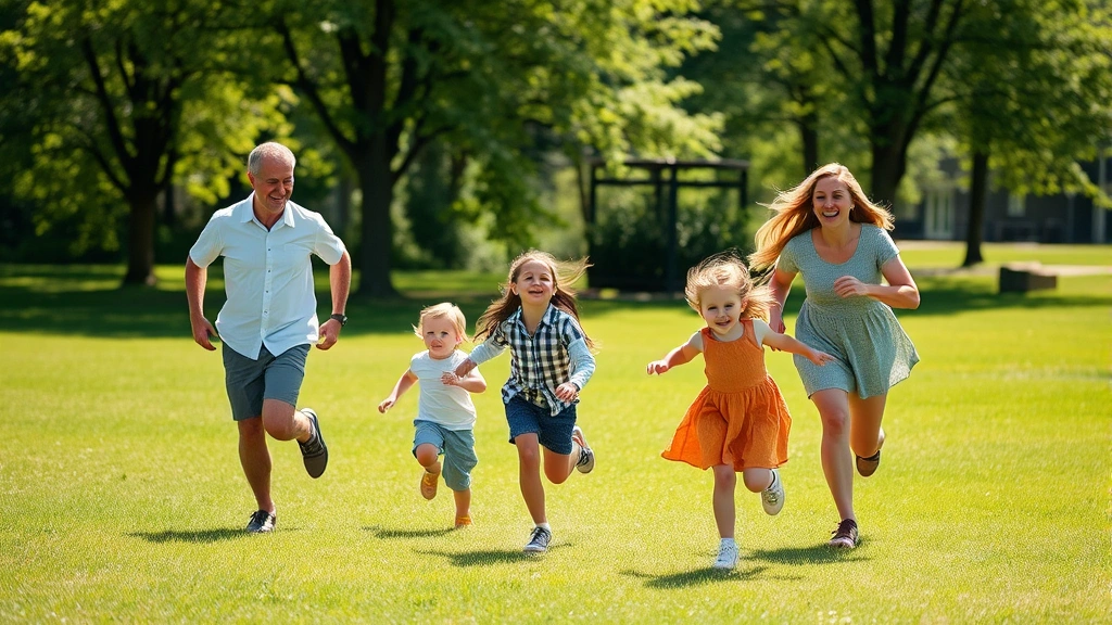 A multi-generational family actively playing outdoors in a park—parents and children running, playing catch, and laughing together on a sunny day with green grass and trees in background