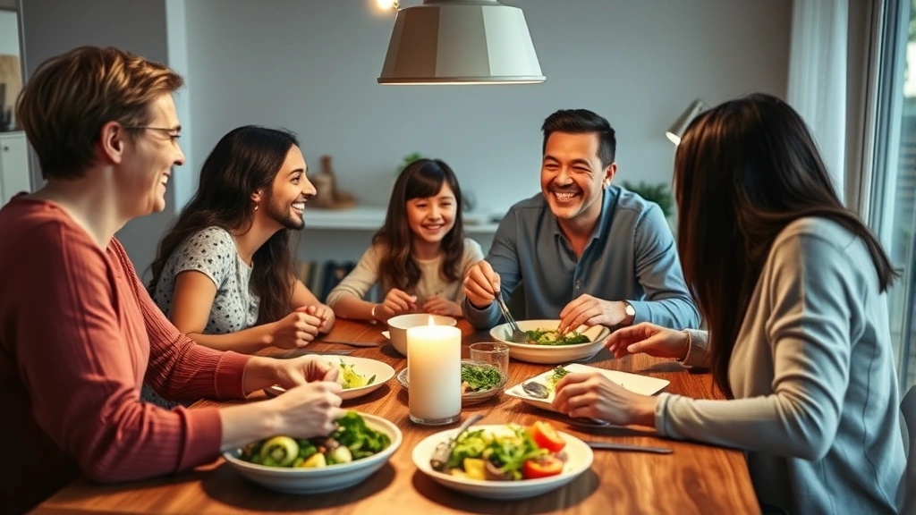 Diverse family eating dinner together at wooden table, smiling and conversing over healthy meal with vegetables, warm home lighting, genuine connection and togetherness