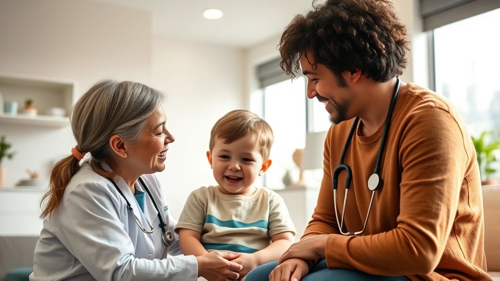 Caring pediatrician having a warm consultation with a young child and parent in a bright, modern medical office with soft lighting