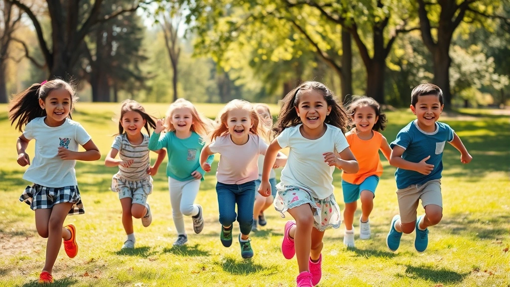 Group of diverse children playing outdoors in park, running and laughing in natural setting, sunny day, trees and grass, joyful active play