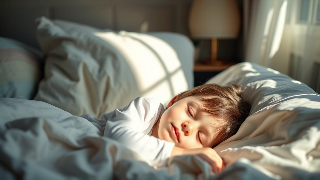 Child sleeping peacefully in cozy bedroom with soft lighting, comfortable bedding, serene expression, morning sunlight through window