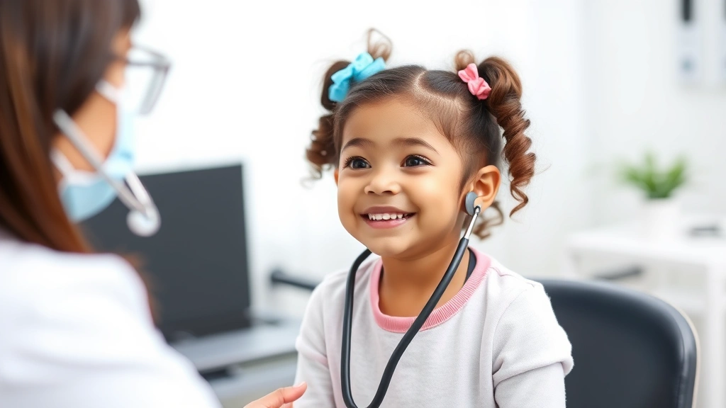 Young girl in doctor's office receiving preventive care checkup, healthcare provider with stethoscope, bright clinical setting, child smiling showing comfort with medical professional