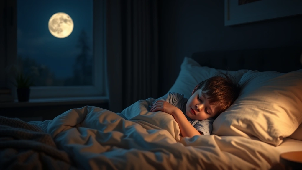 Child sleeping peacefully in comfortable bedroom, soft bedding, dark calm environment, moonlight through window, serene atmosphere, well-rested appearance, cozy modern bedroom design