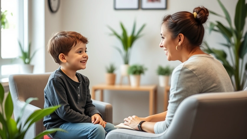Young child sitting with counselor in welcoming office environment, both smiling, comfortable seating, plants and soft lighting creating safe therapeutic space