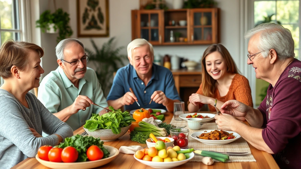 Family eating nutritious meal together at dining table, fresh vegetables and fruits visible, multigenerational gathering, positive interaction, natural home setting
