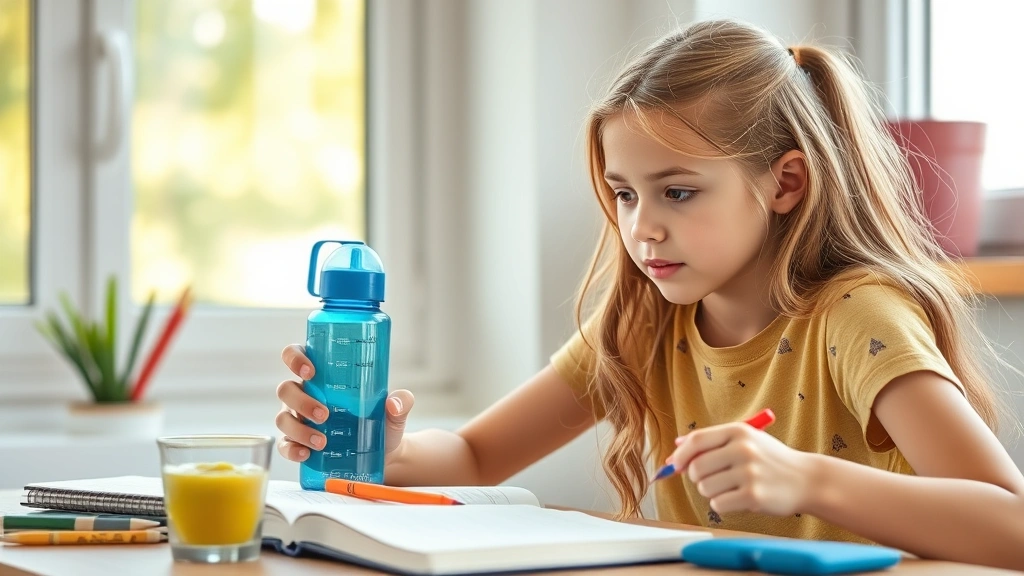 Teenage girl studying with healthy snacks and water bottle, focused concentration, balanced lifestyle, natural daylight through window, wholesome adolescent wellness