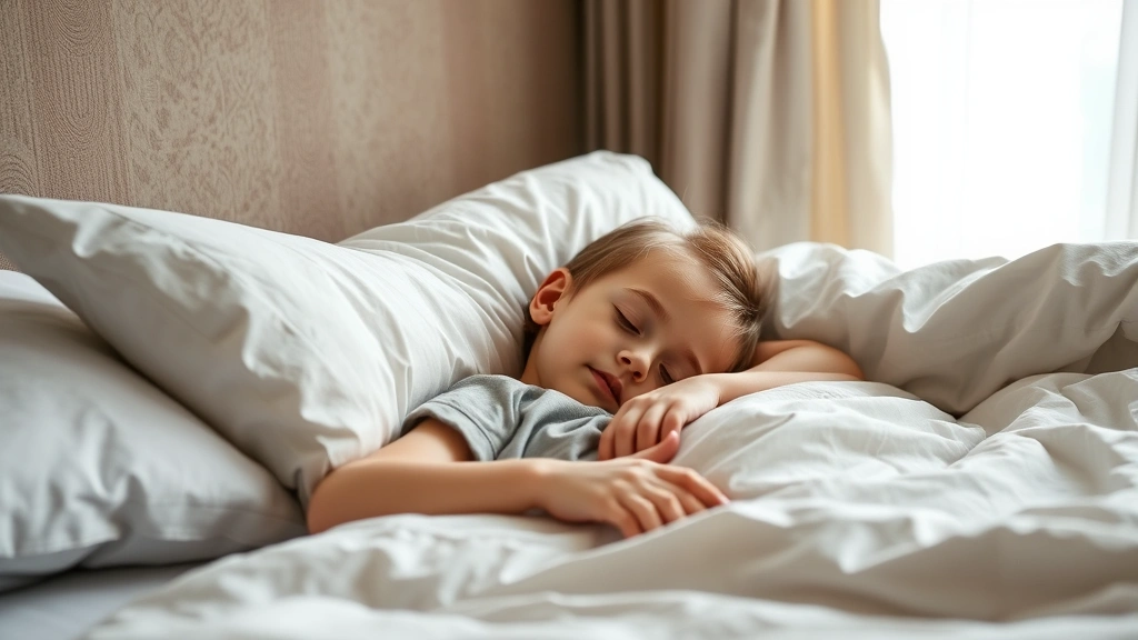 Child peacefully sleeping in comfortable bed with soft pillows, calm bedroom environment, natural light filtering through curtains, restful and healthy sleep scene