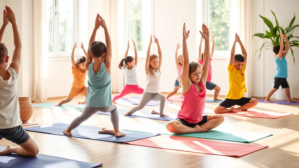 Diverse group of children doing yoga and stretching exercises on colorful mats indoors, peaceful wellness activity in bright sunlit room