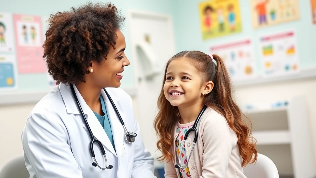 Young girl at pediatrician checkup smiling, doctor in white coat listening with stethoscope, welcoming clinic environment with colorful educational posters on walls
