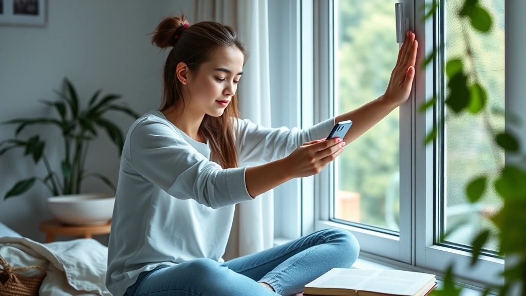 A teenage girl putting down her smartphone and stretching, sitting by a window with a book nearby, peaceful bedroom environment with plants and natural daylight suggesting digital wellness and balance